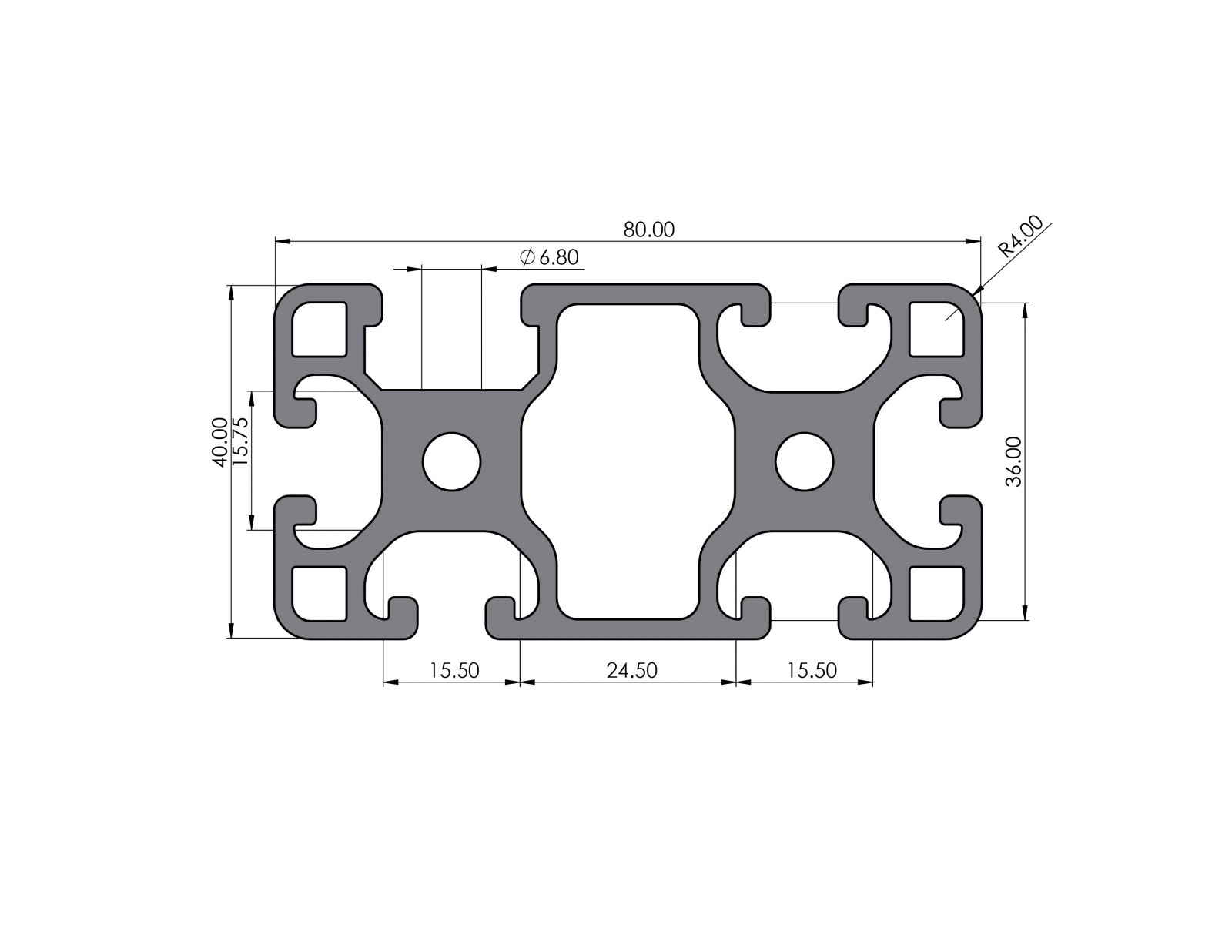 Aluminiumprofil 80x40 F14 180° leicht Nut 8 I-Typ